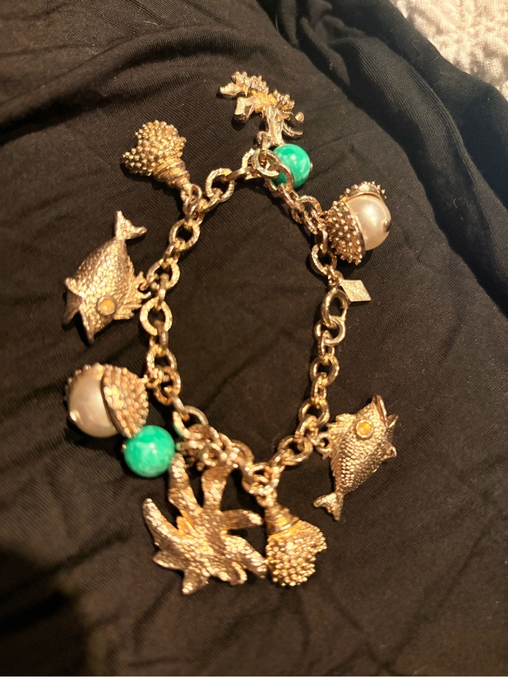 Sarah Coventry Sea Life Charm Bracelet with Green and Pearl Accents